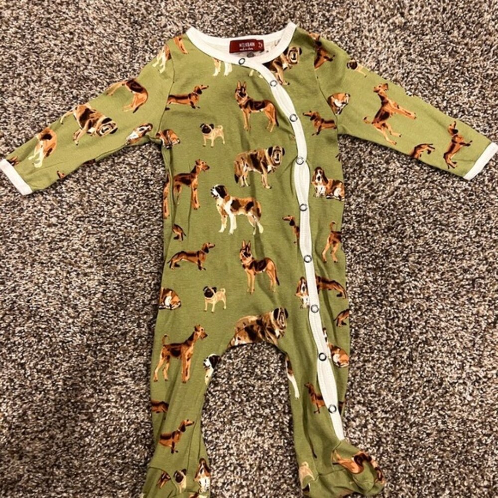 Milkbarn Olive Green Dog-Print Footie